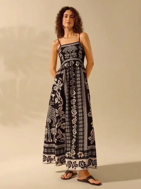 Black & Ivory Folk Print Strappy Maxi Dress — Z&ZENTLY dresses for women