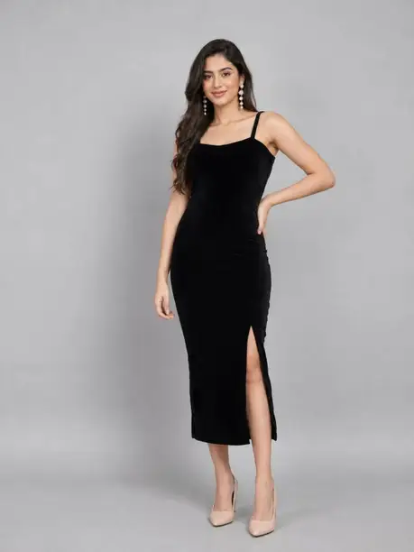 Black Velvet Strappy Slit Bodycon Midi Dress — Z&ZENTLY dresses for women