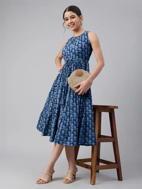 Indigo Block Print Sleeveless Tiered Midi Dress — Z&ZENTLY dresses for women
