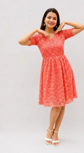 Coral Lace Fit & Flare Knee-Length Dress — Z&ZENTLY dresses for women