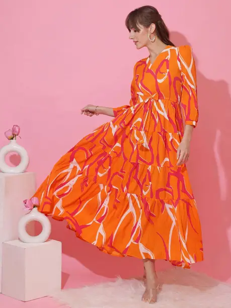 Orange & Pink Abstract Print Tiered Maxi Dress — Z&ZENTLY dresses for women