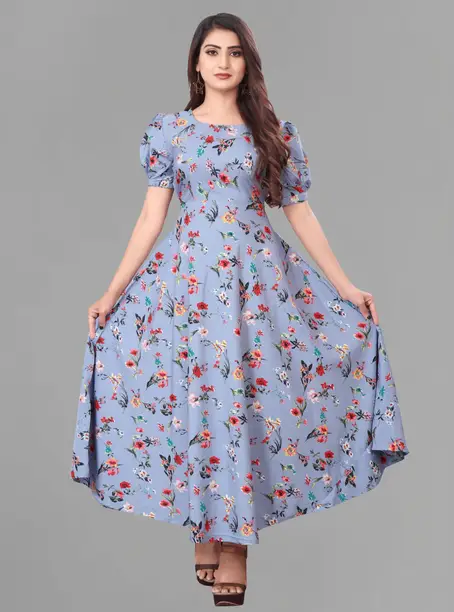 Powder Blue Floral Puff Sleeve Flared Maxi Dress — Z&ZENTLY dresses for women