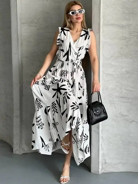 White Abstract Print Ruffle Maxi Dress — Z&ZENTLY dresses for women