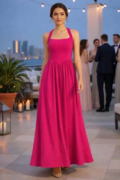 Fuchsia Halter-Neck Flared Maxi Dress — Z&ZENTLY dresses for women