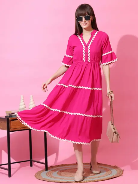 Fuchsia Ric-Rac Trim Tiered Midi Dress — Z&ZENTLY dresses for women