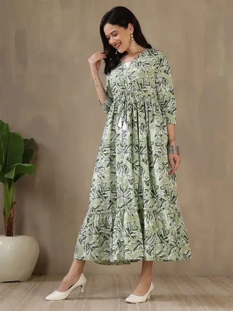 Sage Green Leaf Print Tiered Maxi Dress — Z&ZENTLY dresses for women