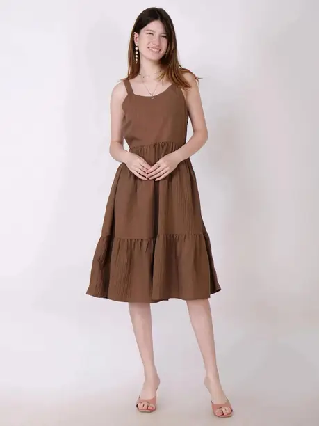 Cocoa Brown Strappy Tiered Midi Dress — Z&ZENTLY dresses for women