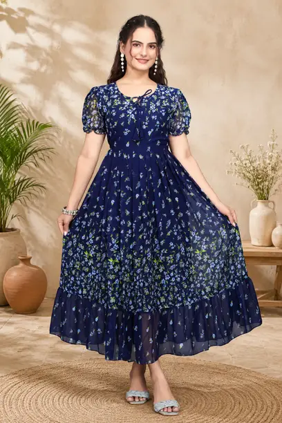 Navy Blue Floral Flared Maxi Gown Dress — Z&ZENTLY dresses for women