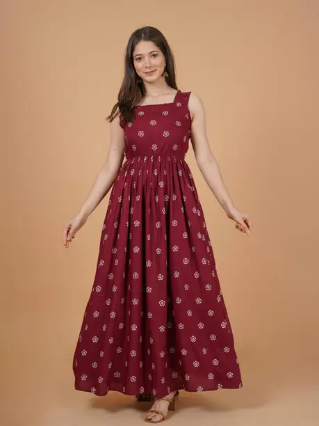 Maroon Buti Print Sleeveless Flared Maxi Dress — Z&ZENTLY dresses for women