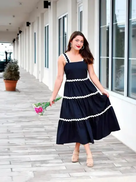 Navy Ric-Rac Trim Tiered Midi Dress — Z&ZENTLY dresses for women