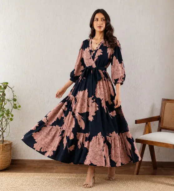 Navy & Dusty Pink Floral Wrap Tiered Maxi Dress — Z&ZENTLY dresses for women