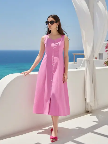 Pink Button-Front Sleeveless Midi Dress — Z&ZENTLY dresses for women