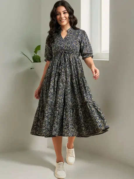 Navy Ditsy Floral Tiered Midi Dress — Z&ZENTLY dresses for women