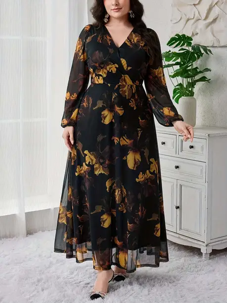 Black & Mustard Floral V-Neck Maxi Dress — Z&ZENTLY dresses for women
