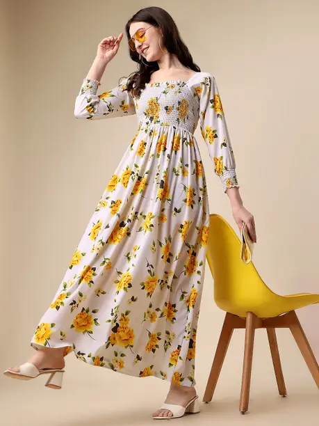 Ivory & Yellow Floral Smocked Maxi Dress — Z&ZENTLY dresses for women