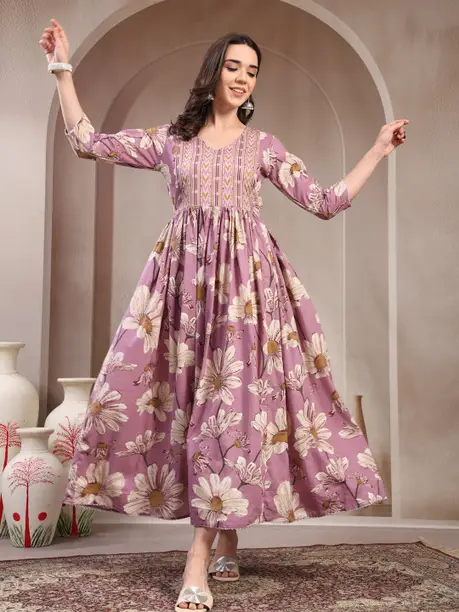 Mauve Daisy Print Flared Maxi Dress — Z&ZENTLY dresses for women