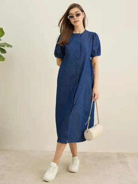 Indigo Denim Puff Sleeve Midi Dress — Z&ZENTLY dresses for women
