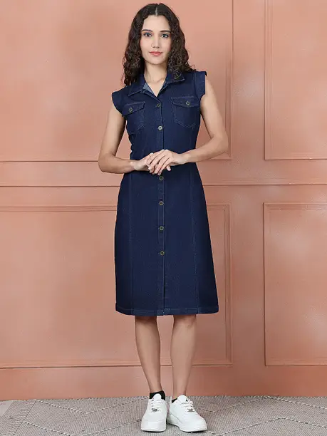 Indigo Denim Collared Midi Dress — Z&ZENTLY dresses for women