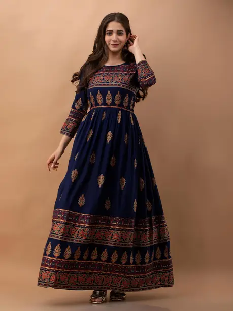 Navy & Gold Ethnic Print Flared Maxi Dress — Z&ZENTLY dresses for women