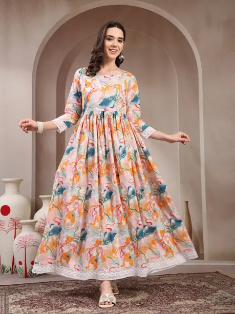 Blush Multicolour Abstract Floral Flared Maxi Dress — Z&ZENTLY dresses for women